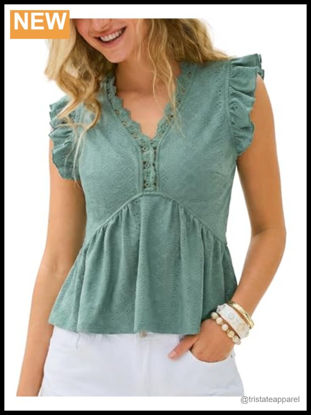 Women's Peplum Blouse V-Neck Lace Crochet Ruffle Sleeve Babydoll Tank Top
